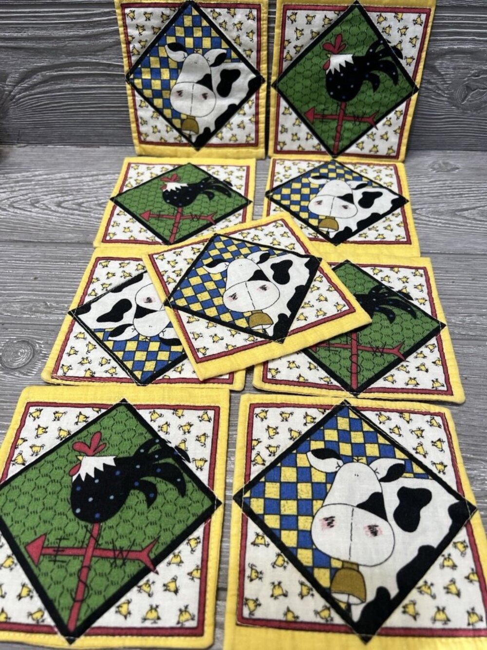 Handmade Quilted Country Cow and Chicken Coasters 5” Set of 9 Vintage 1990s